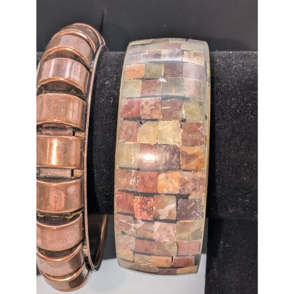 Lot of Three Vintage Metal Stone Inlay Bangle Bracelets - Picture 2 of 10